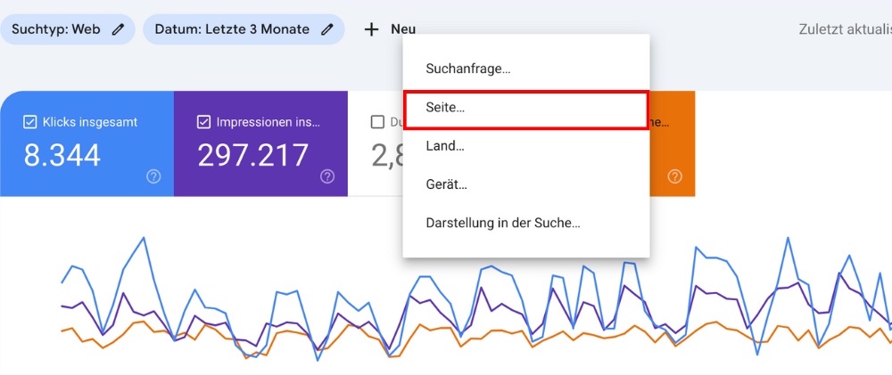 Eine bestimmte Unterseite in der Google Search Console auswählen, um nur für diese spezifische Daten zu erhalten.